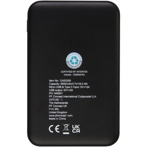 Powerbank o pojemności 5000 mAh z tworzywa sztucznego pochodzącego z recyklingu Loop czarny (12420290) Powerbank o pojemności 5000 mAh z tworzywa sztucznego pochodzącego z recyklingu Loop czarny (12420290)
